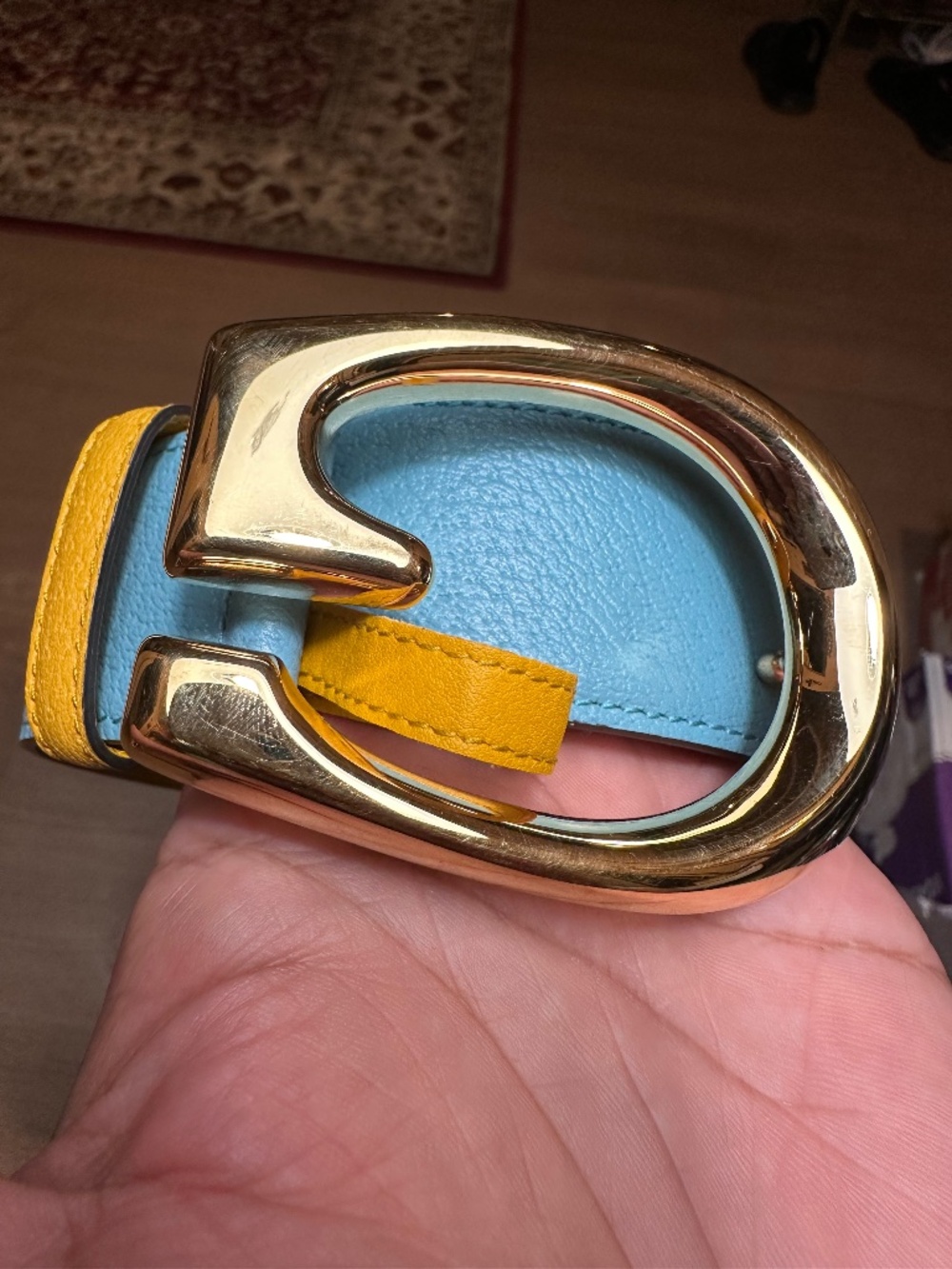 Gucci Memorable Buckle Yellow Blue Leather Belt Gold G Size 90/36